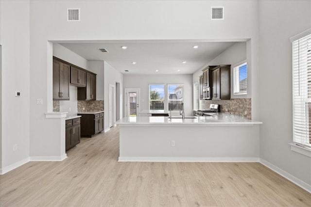 kitchen with appliances with stainless steel finishes, dark brown cabinetry, tasteful backsplash, and light wood-type flooring