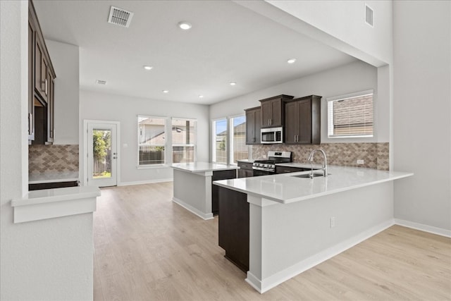 kitchen featuring light hardwood / wood-style flooring, kitchen peninsula, stainless steel appliances, backsplash, and sink