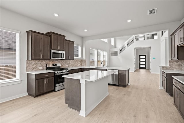 kitchen with light hardwood / wood-style flooring, a center island, decorative backsplash, and stainless steel appliances