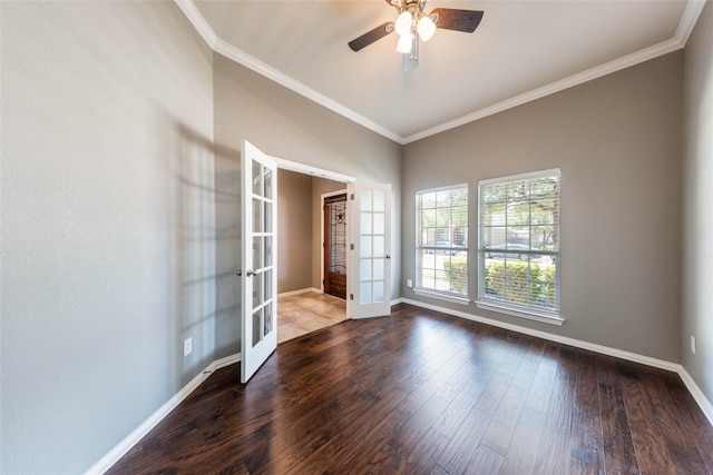 unfurnished room with french doors, ornamental molding, wood-type flooring, and ceiling fan