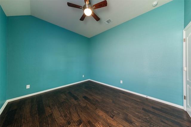 spare room with hardwood / wood-style flooring, ceiling fan, and vaulted ceiling