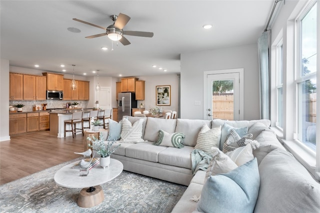 living room featuring ceiling fan and hardwood / wood-style flooring