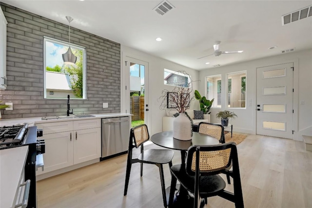 kitchen with dishwasher, white cabinetry, a wealth of natural light, and light hardwood / wood-style flooring