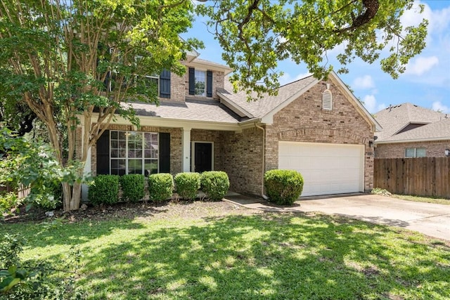 view of front of property with a garage and a front lawn