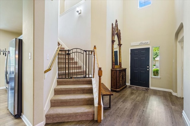 entryway featuring a towering ceiling, hardwood / wood-style flooring, and a healthy amount of sunlight