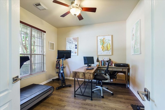 office featuring dark wood-type flooring and ceiling fan