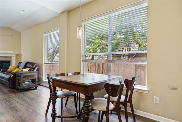 dining room with a healthy amount of sunlight, lofted ceiling, and hardwood / wood-style floors