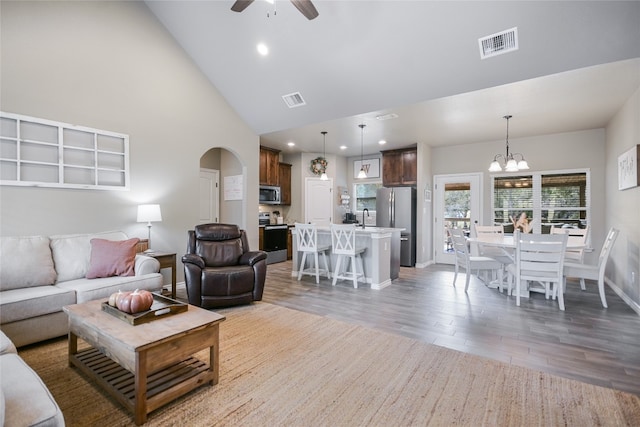 living room with ceiling fan with notable chandelier, high vaulted ceiling, wood-type flooring, and sink