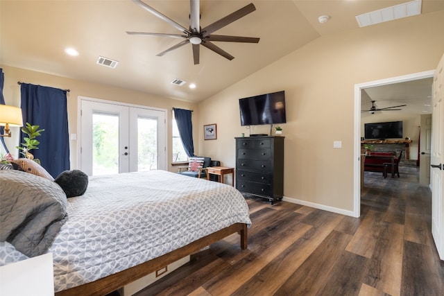 bedroom featuring lofted ceiling, ceiling fan, access to exterior, dark wood-type flooring, and french doors