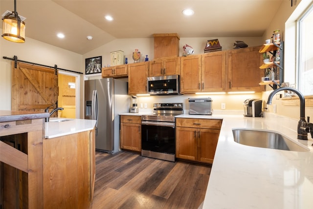 kitchen featuring sink, a barn door, hanging light fixtures, stainless steel appliances, and lofted ceiling