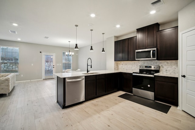 kitchen with kitchen peninsula, stainless steel appliances, sink, decorative light fixtures, and light wood-type flooring