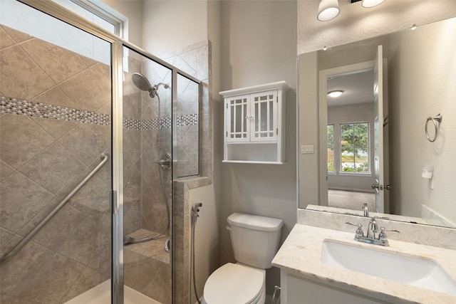 full bath featuring toilet, a shower stall, and vanity