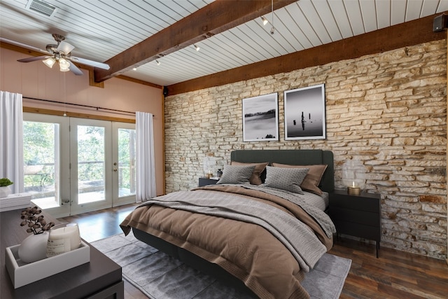 bedroom featuring access to outside, french doors, dark hardwood / wood-style floors, beamed ceiling, and ceiling fan