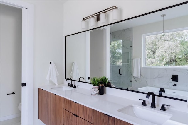 bathroom featuring vanity, toilet, and walk in shower