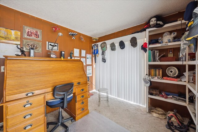 carpeted office space with wooden walls and a textured ceiling