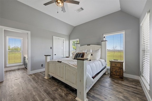 bedroom with multiple windows, ceiling fan, dark wood-type flooring, and lofted ceiling