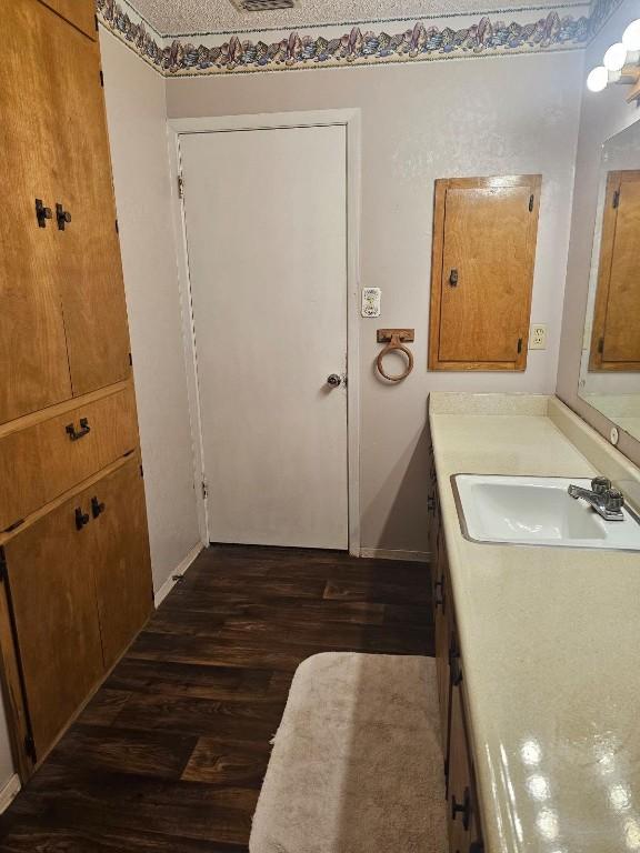 bathroom with vanity and hardwood / wood-style flooring