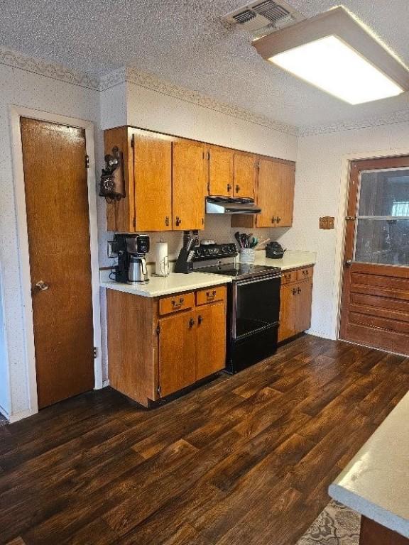 kitchen with dark hardwood / wood-style flooring, a textured ceiling, and black / electric stove