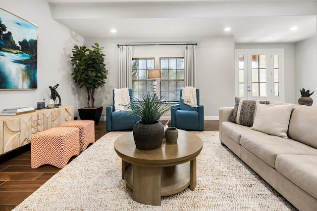 living room featuring dark hardwood / wood-style flooring and plenty of natural light