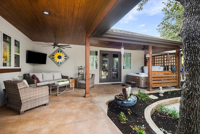 view of patio / terrace with outdoor lounge area, french doors, and ceiling fan