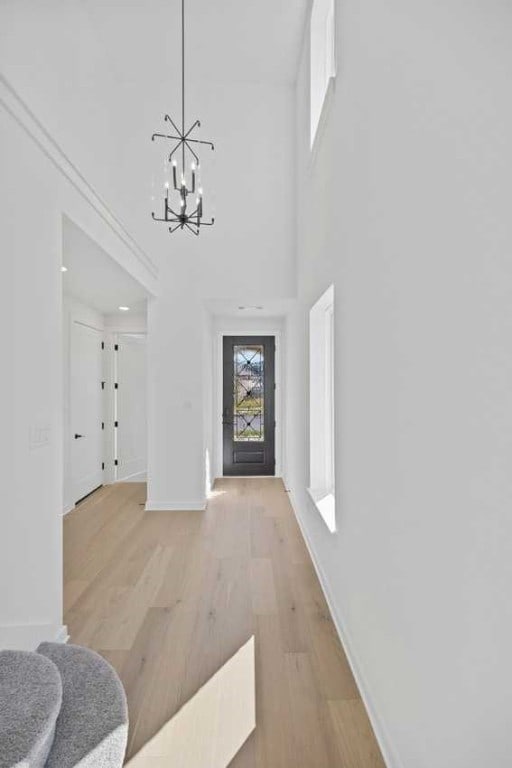 foyer with light hardwood / wood-style flooring, a high ceiling, and a notable chandelier