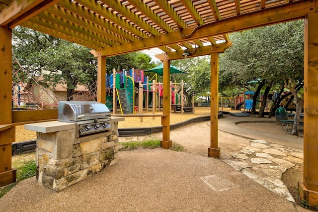 view of patio / terrace featuring a playground, a pergola, and grilling area