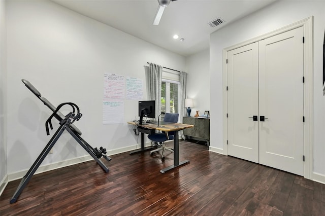 office area featuring dark hardwood / wood-style flooring and ceiling fan