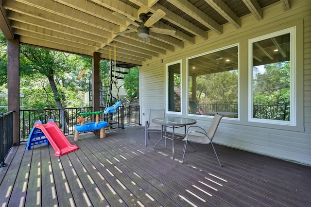 wooden deck with ceiling fan