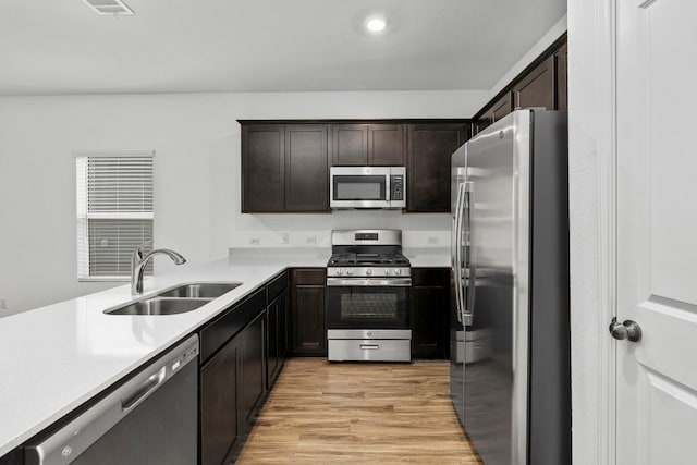 kitchen with stainless steel appliances, sink, light wood-type flooring, and dark brown cabinetry