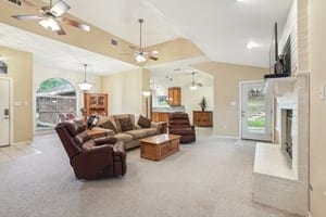 living room with light carpet, ceiling fan, and vaulted ceiling