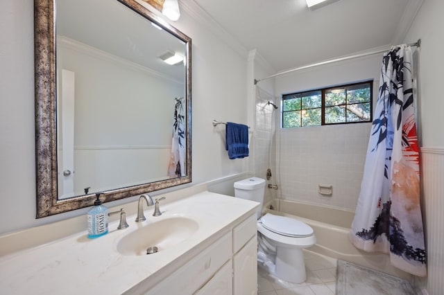 full bathroom with ornamental molding, tile patterned flooring, and shower / tub combo with curtain