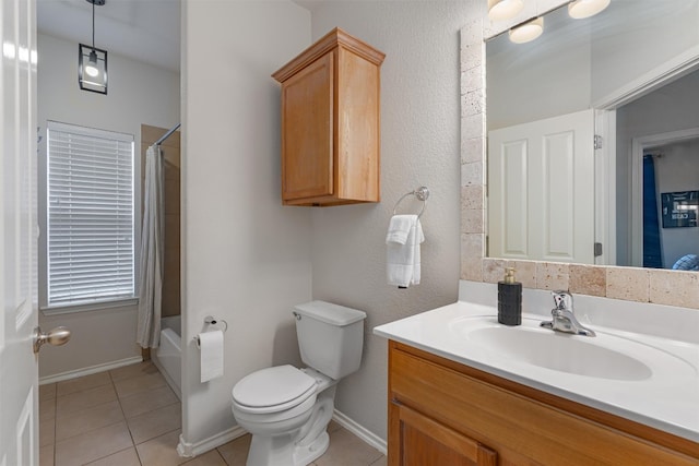 full bathroom with tile patterned floors, vanity, shower / tub combo, and toilet