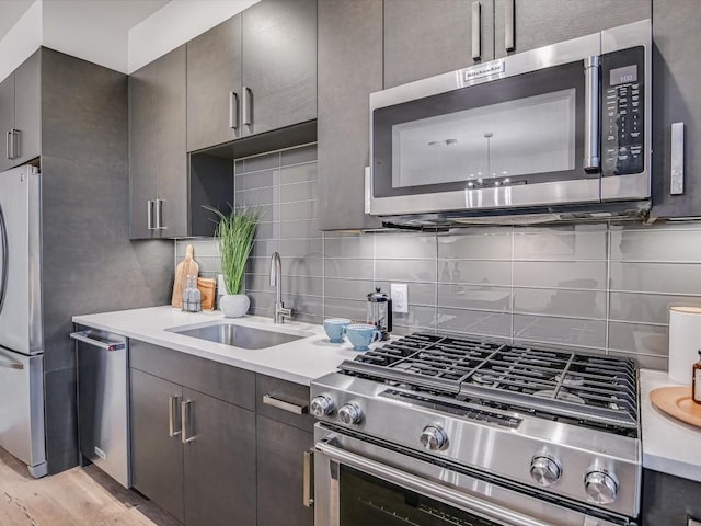 kitchen with stainless steel appliances, light hardwood / wood-style floors, sink, and decorative backsplash