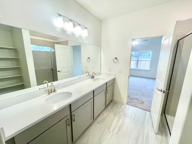 bathroom featuring vanity and a shower with shower door