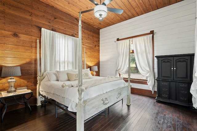 bedroom featuring dark wood-type flooring, wooden walls, wood ceiling, and ceiling fan