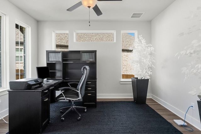 home office with ceiling fan and dark hardwood / wood-style floors