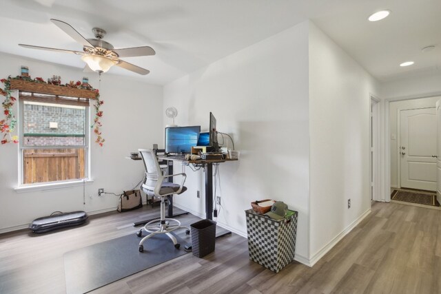 office space featuring hardwood / wood-style flooring and ceiling fan