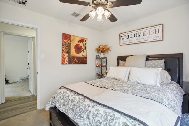 bedroom featuring carpet flooring and ceiling fan