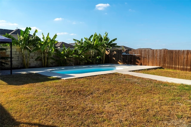 view of swimming pool with a yard