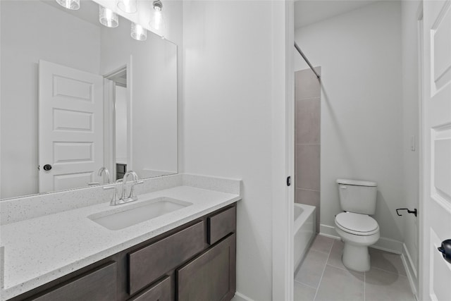 full bathroom featuring shower / tub combination, tile patterned flooring, vanity, and toilet