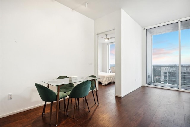 dining space featuring expansive windows and dark wood-type flooring