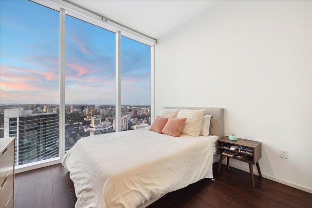 bedroom with expansive windows, dark hardwood / wood-style flooring, and multiple windows