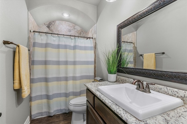 bathroom with toilet, vanity, hardwood / wood-style floors, and curtained shower