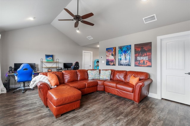 living room featuring dark hardwood / wood-style flooring, ceiling fan, and vaulted ceiling