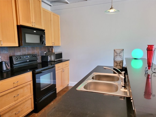 kitchen with sink, backsplash, pendant lighting, light brown cabinetry, and black appliances