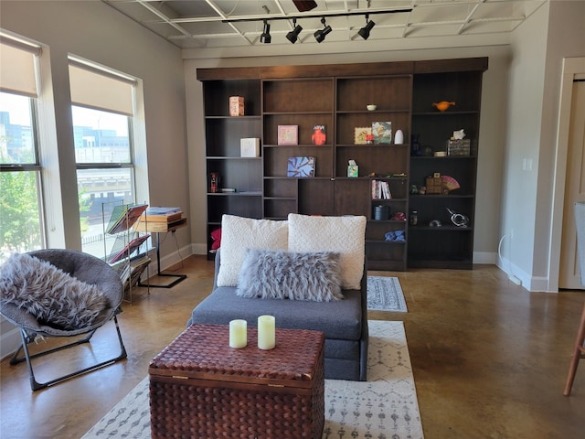 living room featuring built in features and concrete flooring