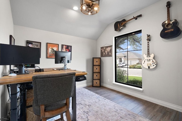 office area featuring hardwood / wood-style floors, plenty of natural light, and lofted ceiling