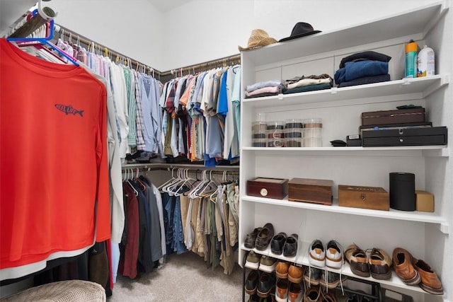 walk in closet featuring carpet flooring