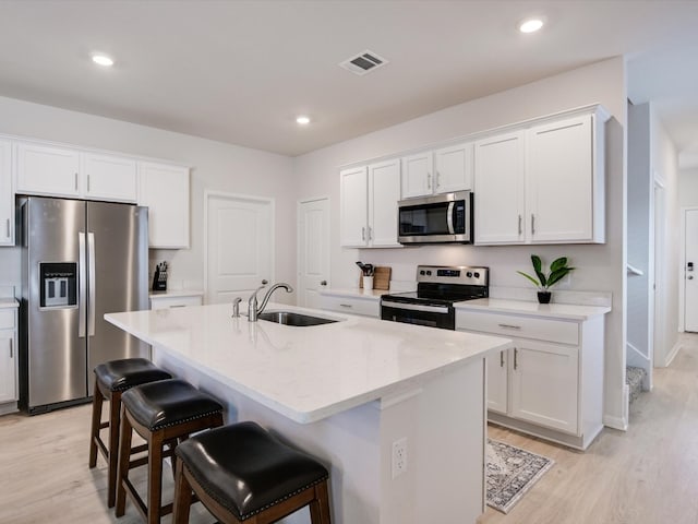 kitchen with white cabinets, appliances with stainless steel finishes, and an island with sink