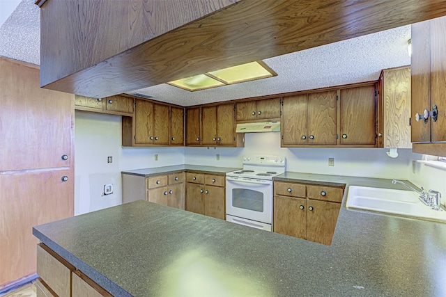 kitchen featuring sink and white range with electric cooktop